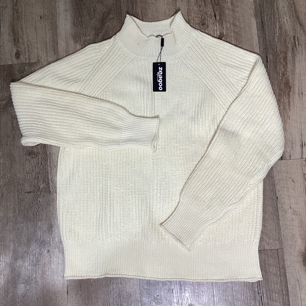 Zeagoo Mock Neck Ribbed Knit Sweater Women Large Cream Boho Casual Cozy Winter